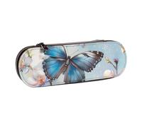 BNVSADC Blue Butterfly On Blossom Flower Printed Leather Pencil Pen Case & Makeup Bag - Stylish Hard Shell Pencil Bag Stationery Organizer Pouch for School Office Travel