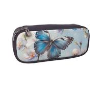 BNVSADC Blue Butterfly On Blossom Flower Printed Leather Pencil Pen Case & Makeup Bag - Stylish Pencil Bag Stationery Organizer Pouch for School Office Travel