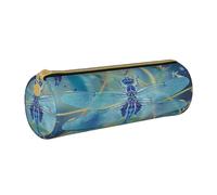 BNVSADC Blue Dragonfly Printed Round Pencil Case Leather Pencil Pouch Cute Stationery Pencil Pen Bag for School Office Travel
