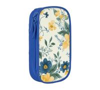 BNVSADC Blue Flower Yellow Floral Pattern Printed Pencil Case for Girls Boys, Large Capacity Pencil Pouch Cute Pencil Box Adult Makeup Bag with 2 Compartments, Blue
