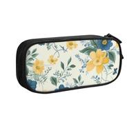 BNVSADC Blue Flower Yellow Floral Pattern Printed Pencil Case Large Pen Bag Cute Pencil Box Pouch Office School Stationery Organizer for Girls Boys, Black