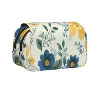 BNVSADC Blue Flower Yellow Floral Pattern Printed Print Flip Top Double Layer Pencil Case - Large Capacity School Supplies Organizer for Students, Kids, Teens, Artists, Travel & Office Use