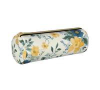 BNVSADC Blue Flower Yellow Floral Pattern Printed Round Pencil Case Leather Pencil Pouch Cute Stationery Pencil Pen Bag for School Office Travel