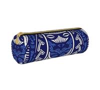 BNVSADC Blue Polynesian Maori Tribal Pattern Printed Round Pencil Case Leather Pencil Pouch Cute Stationery Pencil Pen Bag for School Office Travel