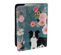 BNVSADC Border Collie Florals Printed Passport Holder Travel PU Leather Passport Cover Case Organiser for Men Women, 6.5 inch