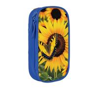 BNVSADC Butterfly Blooming Sunflower Plants Flowers Printed Pencil Case for Girls Boys, Large Capacity Pencil Pouch Cute Pencil Box Adult Makeup Bag with 2 Compartments, Blue