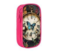 BNVSADC Butterfly Clocks Printed Pencil Case for Girls Boys, Large Capacity Pencil Pouch Cute Pencil Box Adult Makeup Bag with 2 Compartments, Pink