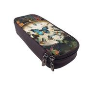 BNVSADC Butterfly Clocks Printed PU Leather Flip Pencil Case, Cute Pencil Box Pen Bag Stationery Organizer Makeup Bag for School Office Travel