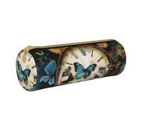 BNVSADC Butterfly Clocks Printed Round Pencil Case Leather Pencil Pouch Cute Stationery Pencil Pen Bag for School Office Travel