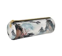 BNVSADC Chinese Landscape Painting Printed Round Pencil Case Leather Pencil Pouch Cute Stationery Pencil Pen Bag for School Office Travel