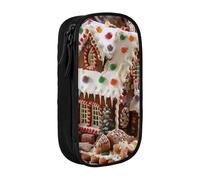 BNVSADC Christmas Gingerbread Like Village House Printed Pencil Case for Girls Boys, Large Capacity Pencil Pouch Cute Pencil Box Adult Makeup Bag with 2 Compartments, Black