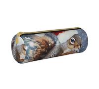 BNVSADC Christmas Squirrel Printed Round Pencil Case Leather Pencil Pouch Cute Stationery Pencil Pen Bag for School Office Travel