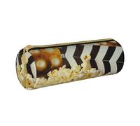 BNVSADC Cinema Movie Clapboard and Popcorn Printed Round Pencil Case Leather Pencil Pouch Cute Stationery Pencil Pen Bag for School Office Travel