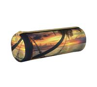 BNVSADC Coconut Beach Sunset Hammock Printed Round Pencil Case Leather Pencil Pouch Cute Stationery Pencil Pen Bag for School Office Travel