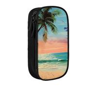 BNVSADC Coconut Palm Tree Sandy Beach 1 Printed Pencil Case for Girls Boys, Large Capacity Pencil Pouch Cute Pencil Box Adult Makeup Bag with 2 Compartments, Black