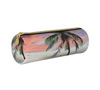 BNVSADC Coconut Palm Tree Sandy Beach Printed Round Pencil Case Leather Pencil Pouch Cute Stationery Pencil Pen Bag for School Office Travel