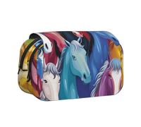 BNVSADC Colorful Cartoon Horses Printed Print Flip Top Double Layer Pencil Case - Large Capacity School Supplies Organizer for Students, Kids, Teens, Artists, Travel & Office Use
