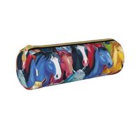 BNVSADC Colorful Cartoon Horses Printed Round Pencil Case Leather Pencil Pouch Cute Stationery Pencil Pen Bag for School Office Travel