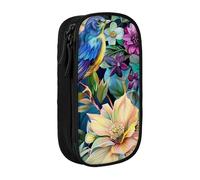 BNVSADC Colorful Flowers Bird Printed Pencil Case for Girls Boys, Large Capacity Pencil Pouch Cute Pencil Box Adult Makeup Bag with 2 Compartments, Black
