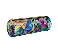BNVSADC Colorful Flowers Bird Printed Round Pencil Case Leather Pencil Pouch Cute Stationery Pencil Pen Bag for School Office Travel