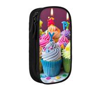 BNVSADC Colorful Happy Birthday Cupcakes Printed Pencil Case for Girls Boys, Large Capacity Pencil Pouch Cute Pencil Box Adult Makeup Bag with 2 Compartments, Black