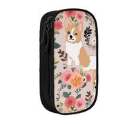 BNVSADC Corgi Floral Flowers Printed Pencil Case for Girls Boys, Large Capacity Pencil Pouch Cute Pencil Box Adult Makeup Bag with 2 Compartments, Black