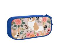 BNVSADC Corgi Floral Flowers Printed Pencil Case Large Pen Bag Cute Pencil Box Pouch Office School Stationery Organizer for Girls Boys, Blue