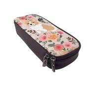BNVSADC Corgi Floral Flowers Printed PU Leather Flip Pencil Case, Cute Pencil Box Pen Bag Stationery Organizer Makeup Bag for School Office Travel