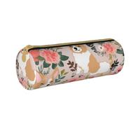 BNVSADC Corgi Floral Flowers Printed Round Pencil Case Leather Pencil Pouch Cute Stationery Pencil Pen Bag for School Office Travel