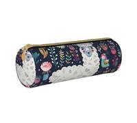 BNVSADC Cute Llama Floral Printed Round Pencil Case Leather Pencil Pouch Cute Stationery Pencil Pen Bag for School Office Travel