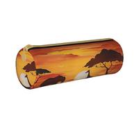 BNVSADC Elephant and Giraffe in The Sunset Printed Round Pencil Case Leather Pencil Pouch Cute Stationery Pencil Pen Bag for School Office Travel