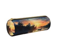 BNVSADC Fishing Scenic Printed Round Pencil Case Leather Pencil Pouch Cute Stationery Pencil Pen Bag for School Office Travel
