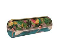 BNVSADC Flamingo and Swimming Pool Printed Round Pencil Case Leather Pencil Pouch Cute Stationery Pencil Pen Bag for School Office Travel