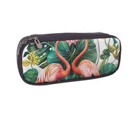BNVSADC Flamingo Bird Round Leaves Printed Leather Pencil Pen Case & Makeup Bag - Stylish Pencil Bag Stationery Organizer Pouch for School Office Travel