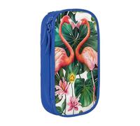 BNVSADC Flamingo Bird Round Leaves Printed Pencil Case for Girls Boys, Large Capacity Pencil Pouch Cute Pencil Box Adult Makeup Bag with 2 Compartments, Blue