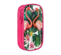 BNVSADC Flamingo Bird Round Leaves Printed Pencil Case for Girls Boys, Large Capacity Pencil Pouch Cute Pencil Box Adult Makeup Bag with 2 Compartments, Pink
