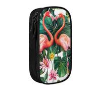 BNVSADC Flamingo Bird Round Leaves Printed Pencil Case for Girls Boys, Large Capacity Pencil Pouch Cute Pencil Box Adult Makeup Bag with 2 Compartments, Black