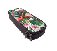 BNVSADC Flamingo Bird Round Leaves Printed PU Leather Flip Pencil Case, Cute Pencil Box Pen Bag Stationery Organizer Makeup Bag for School Office Travel