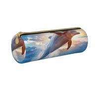 BNVSADC Funny Animal Dolphin Printed Round Pencil Case Leather Pencil Pouch Cute Stationery Pencil Pen Bag for School Office Travel