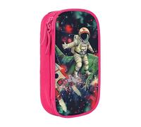 BNVSADC Funny Astronaut Dinosaur Rocket Printed Pencil Case for Girls Boys, Large Capacity Pencil Pouch Cute Pencil Box Adult Makeup Bag with 2 Compartments, Pink