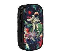 BNVSADC Funny Astronaut Dinosaur Rocket Printed Pencil Case for Girls Boys, Large Capacity Pencil Pouch Cute Pencil Box Adult Makeup Bag with 2 Compartments, Black
