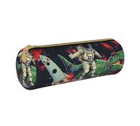 BNVSADC Funny Astronaut Dinosaur Rocket Printed Round Pencil Case Leather Pencil Pouch Cute Stationery Pencil Pen Bag for School Office Travel