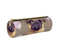 BNVSADC Funny Cartoon Pug Puppy Dog Printed Round Pencil Case Leather Pencil Pouch Cute Stationery Pencil Pen Bag for School Office Travel