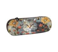 BNVSADC Funny Cats and Flowers Printed Leather Pencil Pen Case & Makeup Bag - Stylish Hard Shell Pencil Bag Stationery Organizer Pouch for School Office Travel