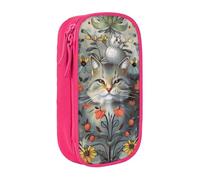 BNVSADC Funny Cats and Flowers Printed Pencil Case for Girls Boys, Large Capacity Pencil Pouch Cute Pencil Box Adult Makeup Bag with 2 Compartments, Pink