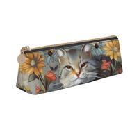 BNVSADC Funny Cats and Flowers Printed Triangle Pencil Case Leather Pencil Pouch Cute Stationery Pencil Pen Bag for School Office Travel