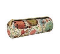 BNVSADC Funny Cats Birds and Flowers Printed Round Pencil Case Leather Pencil Pouch Cute Stationery Pencil Pen Bag for School Office Travel