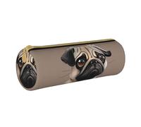 BNVSADC Funny Pug Dog Printed Round Pencil Case Leather Pencil Pouch Cute Stationery Pencil Pen Bag for School Office Travel