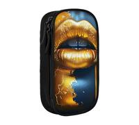 BNVSADC Gold Lips Printed Pencil Case for Girls Boys, Large Capacity Pencil Pouch Cute Pencil Box Adult Makeup Bag with 2 Compartments, Black