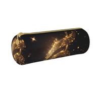 BNVSADC Gold Musical Note with Fallen Shiny Star Printed Round Pencil Case Leather Pencil Pouch Cute Stationery Pencil Pen Bag for School Office Travel